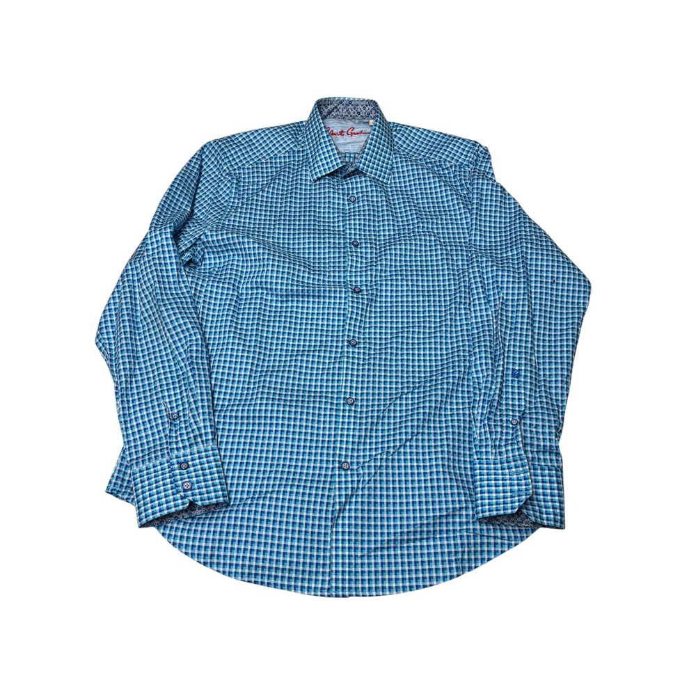 Robert Graham Mens Blue White Checkered Button Down Shirt Large Cotton Blend